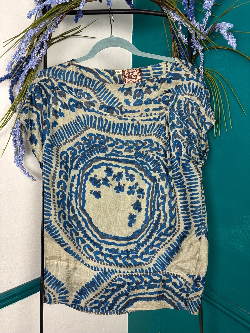 L.A.M.B. Blue and Cream Printed Short Sleeve Top